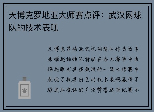 天博克罗地亚大师赛点评：武汉网球队的技术表现