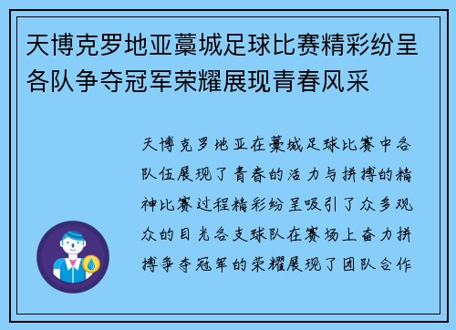 天博克罗地亚藁城足球比赛精彩纷呈各队争夺冠军荣耀展现青春风采