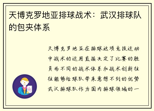 天博克罗地亚排球战术：武汉排球队的包夹体系