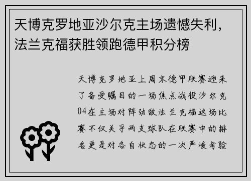天博克罗地亚沙尔克主场遗憾失利，法兰克福获胜领跑德甲积分榜