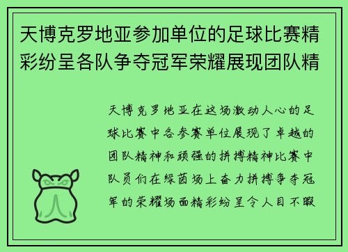 天博克罗地亚参加单位的足球比赛精彩纷呈各队争夺冠军荣耀展现团队精神