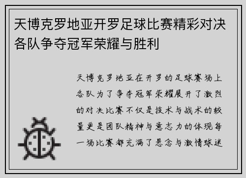 天博克罗地亚开罗足球比赛精彩对决各队争夺冠军荣耀与胜利