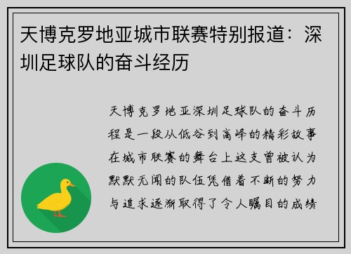 天博克罗地亚城市联赛特别报道：深圳足球队的奋斗经历